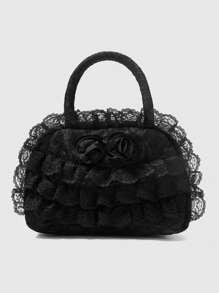 ROMWE Goth Solid Color Lace Patchwork Fashion Black Handbag, Suitable For Commuting And Travel - Black - View 1