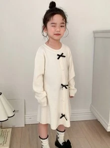 DAZY Young Girl Knitted Sweater Dress, Autumn - White - View 5