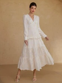 Zanirela Elegant Embroidered Vintage V-Neck Waisted Splice Frill Trim Long Sleeve Dress For Women Fall Cloth For Women - Beige - View 4