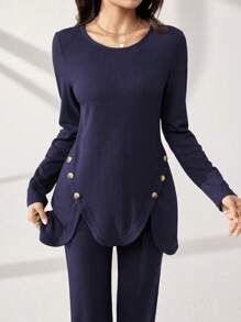 Graceveil 2pcs/Set Women Casual Round Neck Long Sleeve Button Decor Top And Flare Pants Outfit Modest - Navy Blue - View 2