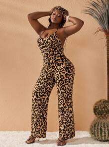 Slaydiva Plus Size Women Leopard Print Deep V-Neck Open Back Halter Jumpsuit - Multicolor - View 1