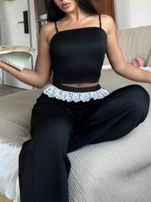 Lace Trim Sweet Women Pajama Set - Black - View 6