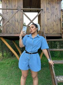 SHEIN EZwear Plus Size Denim Jumpsuit, Casual Short Sleeve Romper, Blue