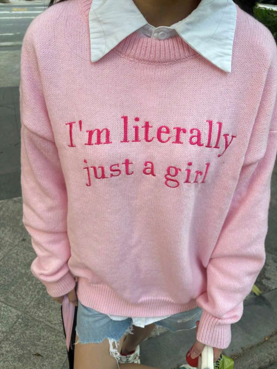 Chiquease 女士休闲刺绣标语长袖针织衫，秋冬长袖上衣 - 粉色 - 查看 1