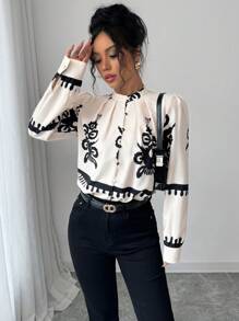 Chiquease Apricot Contrast Black Floral Pleated Collar Blouse For Women - Multicolor - View 4