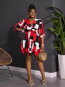 Slaydiva Plus Size Women Geometric Print Twist Front Ruffle Sleeve Midi Dress - Multicolor - View 1
