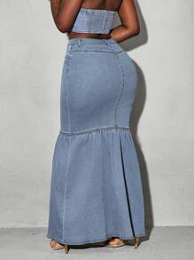 Slaydiva Váy denim dài vừa phải phong cách ngư dân đơn giản có túi nút cho nữ - Rửa nhẹ - Xem 3