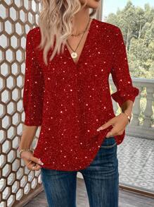 SHEIN LUNE Blusa casual de mujer con estampado de estrella, apta para uso en la oficina, para otoño/invierno - Rojo - Ver 5