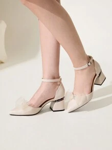 CUCCOO CHICEST Women Apricot Color Bow Decor Thick Heel High Heel Pumps, Cute & Elegant For Commute, Dates, Weddings, Office And Formal Occasions - Apricot - View 2