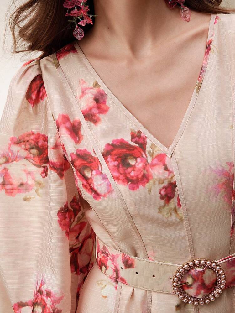 Spring/Summer New French Style Lantern Sleeve V-Neck Floral Print A-Line Mini Dress With Belt