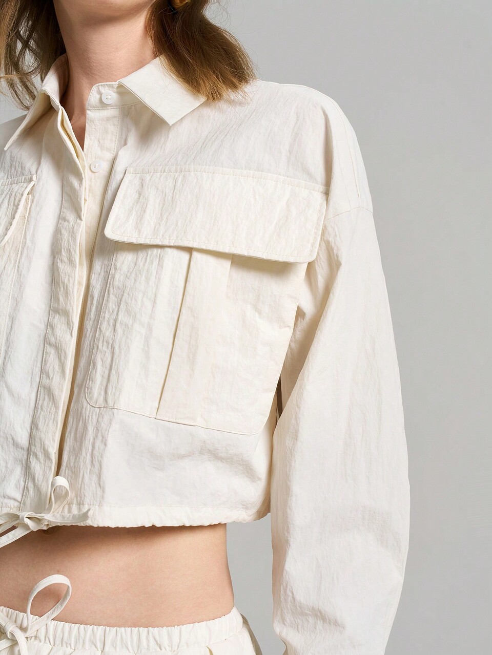1980s-1990s Vintage Style Women's Spring New Arrival 2025 Cropped Drawstring Trench Coat, White Thin Casual Shirt Collar Jacket