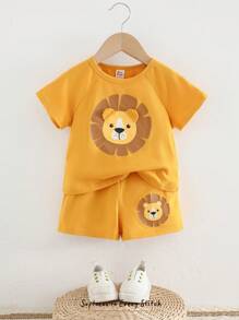 Cozy Pixies Set de 2 piezas de body de niño bebé con estampado de león de dibujos animados y top de punto de cuello redondo de manga corta, y pantalones cortos de cintura elástica