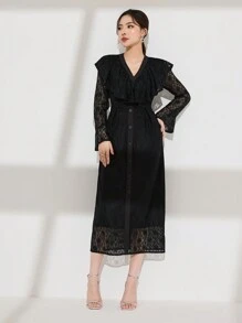 Modelyn Women's Elegant Lace V-Neck Patchwork Ruffle Flare Sleeve Waisted A-Line Long Dress - Black - View 4