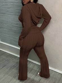 Slaydiva 2pcs/Set Casual Pink Hooded Cardigan And Low Waist Flared Knitted Pants Set - Brown - View 2