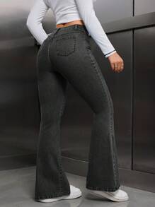 SHEIN Tall 女式口袋喇叭腿休闲百搭牛仔裤 - 黑色 - 查看 2