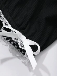 DAZY Women's Contrast Color Lace Patchwork Short Sleeve Mock Neck T-Shirt - Black - View 7