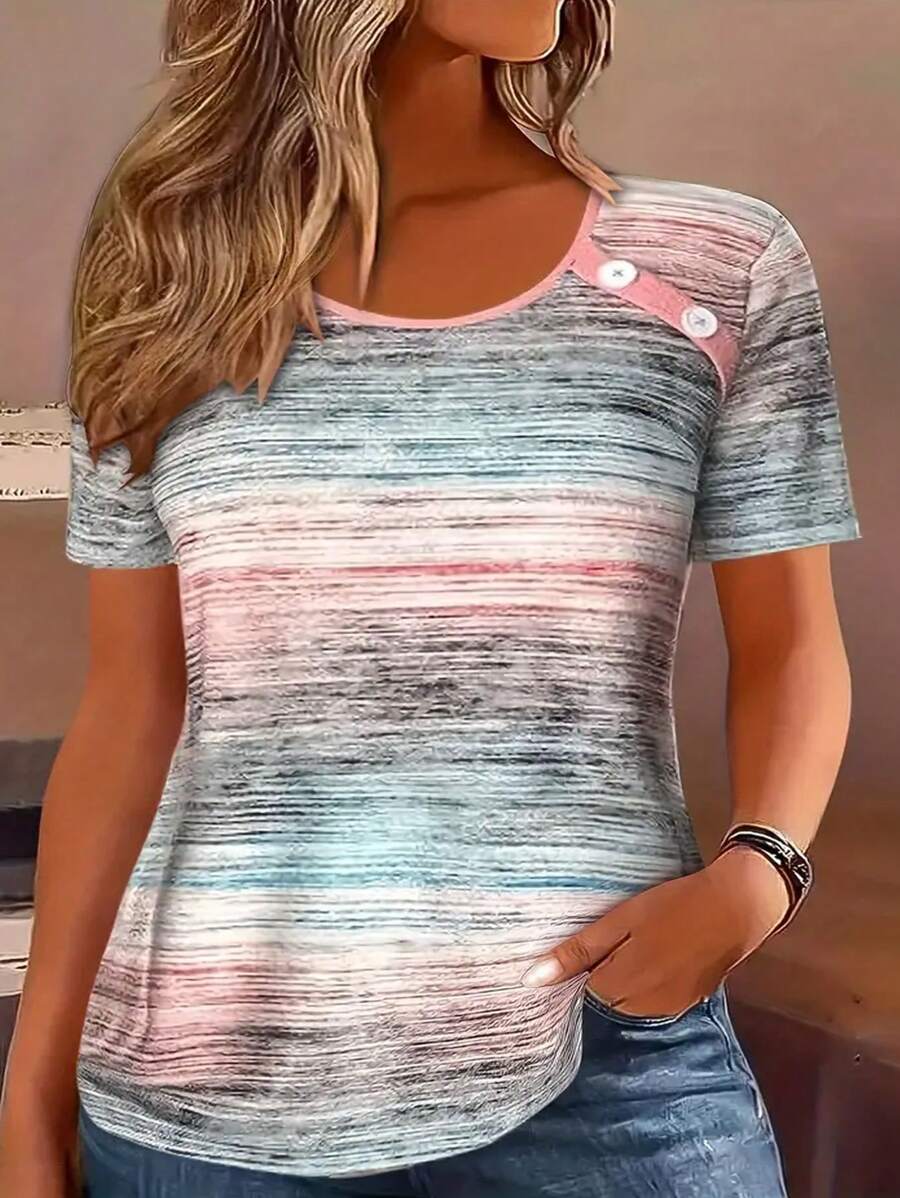 大码简约时尚休闲短袖 T 恤，日常穿着 - 彩色 - 查看 1