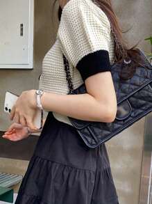 DAZY 女式撞色拼布翻领修身前开短袖针织上衣，春夏季，返校服装 - 杏色 - 查看 5