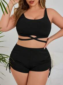 SHEIN Swim Curve Plus Size Women 2pcs Ribbed Texture Solid Color Drawstring Waist Bikini Set, Summer
