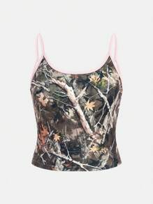 SHEIN Tween Girls Fall/Winter Back To School Fashionable And Versatile Vintage Tree Branch Camouflage Print Y2K Slim Fit Patchwork Color Block Camisole Tank Top - Multicolor - View 3