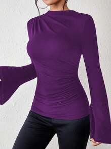 Chiquease 女士纯色长袖修身休闲日常 T 恤，简约风格 - 紫色 - 查看 5