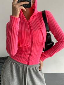 SHEIN Unity 女士纯色拉链连帽衫，长袖，休闲时尚，适合日常穿着