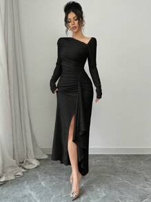 Elenzga Đầm Maxi Dệt Kim Họa Tiết Màu Trơn Tay Dài Cổ Bất Đối Xứng Ôm Sát Cơ Thể Xếp Ly Thời Trang Thanh Lịch Cho Nữ Đi Làm Văn Phòng - màu đen - Xem 6