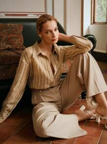 Anewsta Elaire Casual Loose Textured Striped Women Shirt, Old Money, Modest, Summer Gold Shirt Women Earthy Clothes Women Maija Women Clothes Women Blouses - Brown - View 3