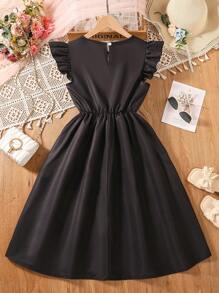 Teen Girls Casual Holiday Cap Sleeve A-Line Black Floral Print Dress,Holiday Summer Travel - Black - View 2