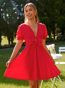 SHEIN VCAY Women's V-Neck Bowknot Decor A-Line Ruffle Hem Casual Vacation Valentine's Day Dress