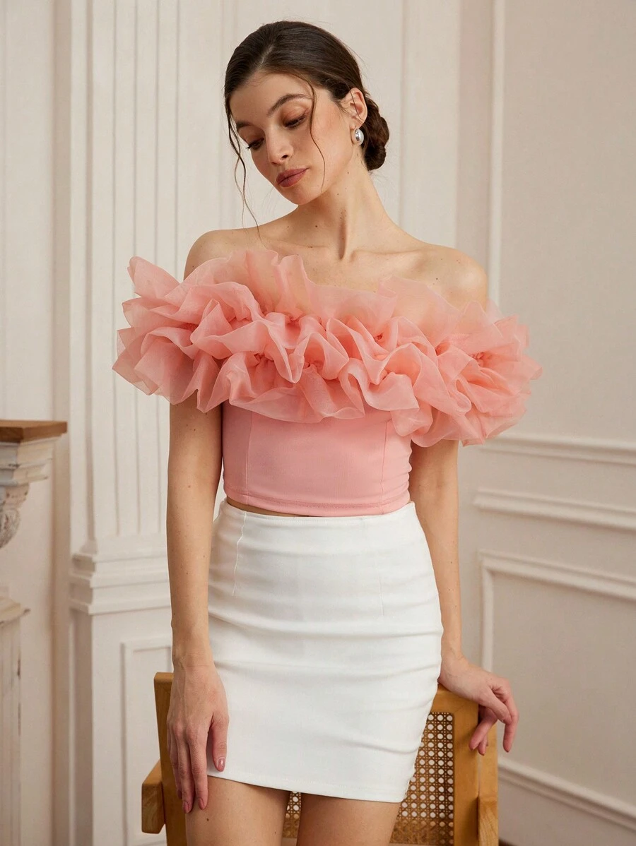 Chiquease Áo crop top hở vai Organza lãng mạn dành cho nữ, vải dệt kim, phù hợp cho mùa xuân/hè ngày lễ tình nhân - Hồng - Xem 1