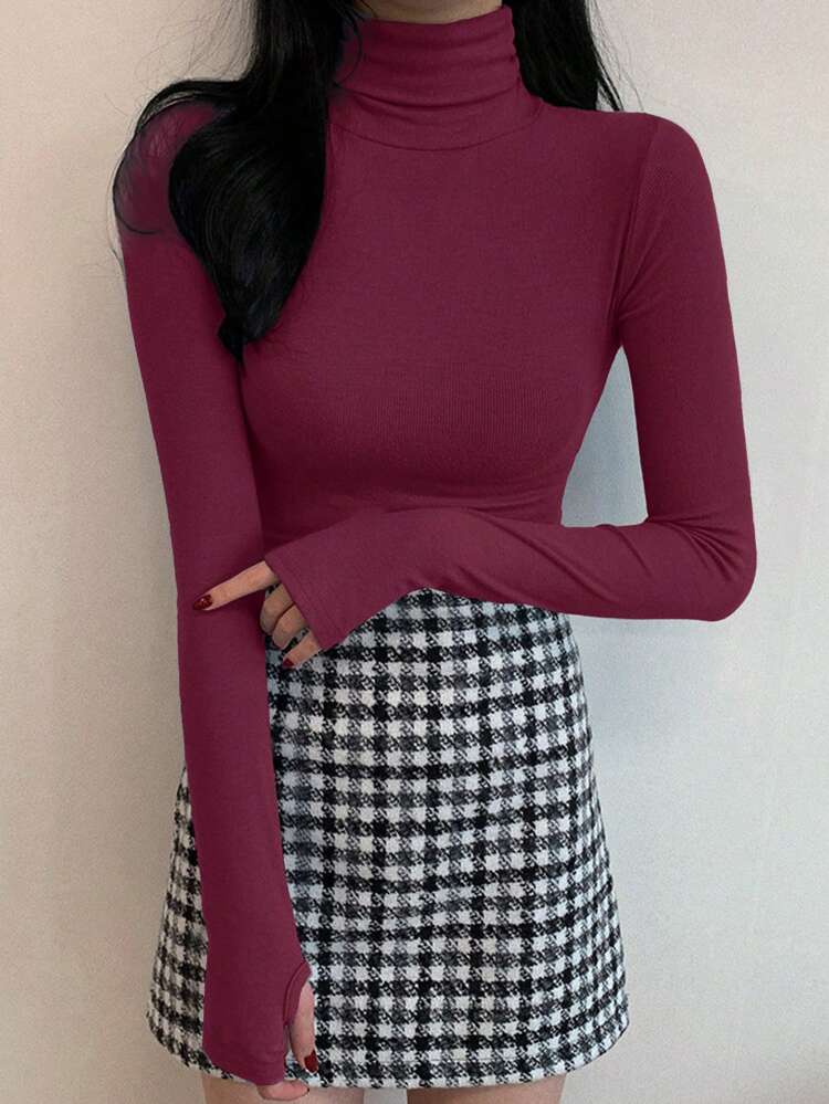 Women High Neck Slim Fit Casual Basic T-Shirt, Solid Color, Minimalist Style,Fall Clothes,Back To School Clothes Long Sleeve Women Tops