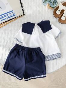 2pcs/Set Baby Boy Colorblock Sailor Collar Short Sleeve Top And Elastic Waist Shorts Set