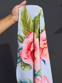 Slaydiva Plus Size Women's V-Neck Twist Knot Puff Sleeve Tie Belt Floral Print A-Line Dress, Vacation & Romantic & Formal & Elegant, Spring/Summer,Beach Dress Sundress,Holiday Outfits Boho - Multicolor - View 12