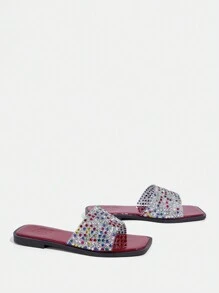 CUCCOO TILAWA New Outdoor Women Flat Sandals, Square Toe Rhinestone Silver Slip-On Slippers, Casual Comfortable Party & Commute Summer Shoes, Thick Sole Anti-Slip Sandals Spring Shoes Spring Break Easter - Burgundy - View 4