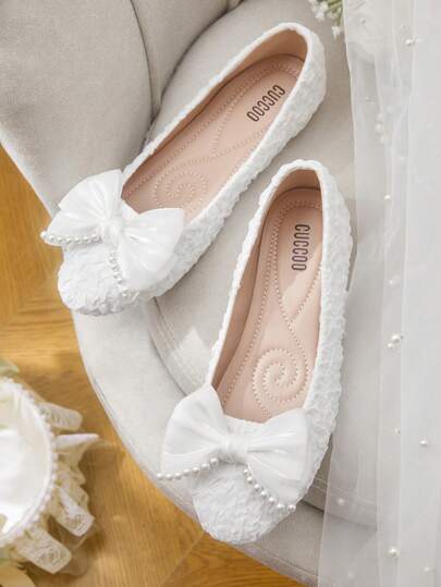 CUCCOO HITCHD White Pearl Bow-Knot Round Toe Flats, Elegant Office Work, Valentine's Day Date, Wedding Bridesmaid Party Shoes Spring Shoes Spring Break Easter Wedding Bridal Shoes For Christmas Valentine's Day Elegant Shoes