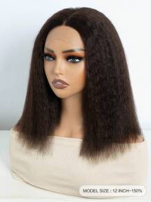 Tóc giả Bob thẳng Kinky Tóc thật trong suốt Ren phía trước Tóc giả uốn xoăn T Part Tóc giả Yaki Bob màu nâu sẫm - S2 - Xem 4