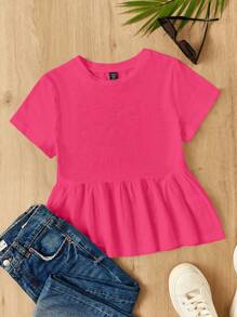 SHEIN EZwear 女式加大码圆领拼布 A 字纯棉 T 恤连衣裙 - 玫紅色 - 查看 1