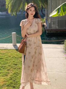 DAZY Plant Print A-Line Mini Dress With V-Neck And Flared Hem, Casual Vacation Style - Beige - View 1