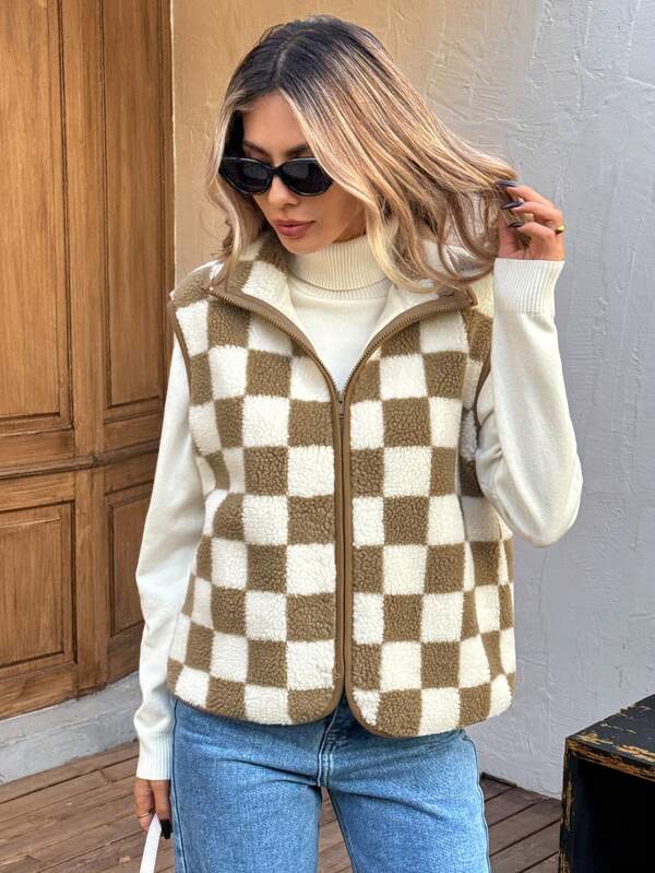 SHEIN LUNE 2024 Autumn/Winter New Arrival Checkerboard Pattern Open Front Casual Street Women Jacket