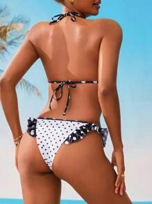 Swim Mod Women's Romantic Summer Beach Vacation Polka Dot Ruffle Trim Bikini Set - Black and White - View 2