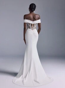 Elitara Elegant Luxurious Champagne Lace Embroidery Off Shoulder Stretch Knit Ruched High Slit Fishtail Dress With Train, Suitable For Wedding, Party, Vacation And Bridal Gown,Bride