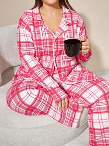 SHEIN Cottnline طقم بيجاما قياس كبير من القطن مخطط بنمط أزرار أمامية 2 قطعة - ابيض واحمر - مشاهدة 5