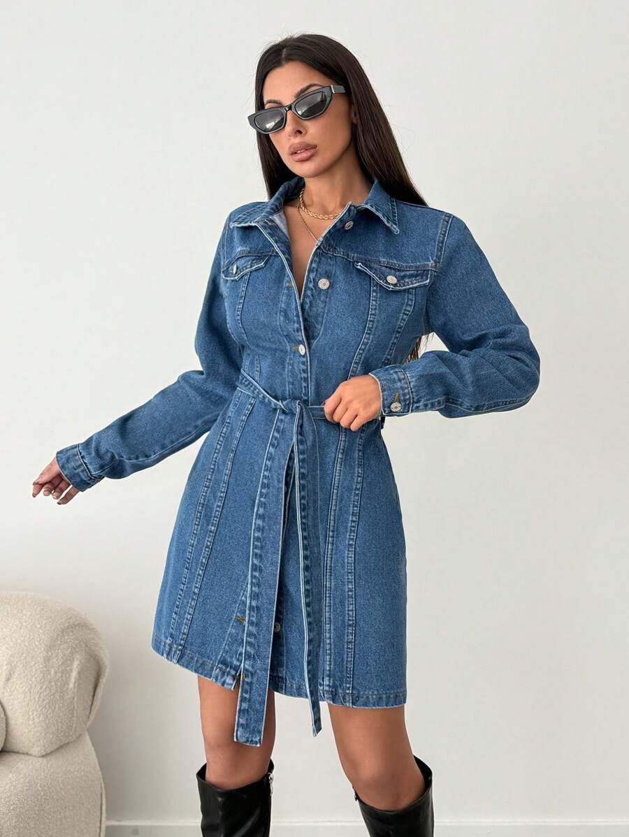 SHEIN ROBE MINI EN JEAN POUR FEMME AVEC BOUTONS MULTIPLES ET CEINTURE | Mode en ligne | SHEIN FRANCE