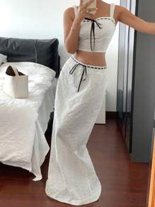 SHEIN Essnce 女士白色编织孔眼刺绣背心和裙子套装，优雅女士两件套，婚礼配套套装 - 白色 - 查看 10