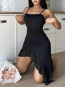 Snug Zone Romantic Ruffle Hem Sexy Ladies Nightgown, Casual Everyday Sleepwear - Black - View 1