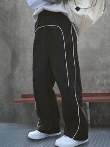 SHEIN Teen Boys Stylish Drawstring Waist Loose Fit Black Straight Leg Cargo Pants, Youth Streetwear, Summer - Black - View 1