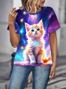 INAWLY Women's Round Neck Cat Print Casual Short Sleeve T-Shirt, Summer Graphic Tees Women Tops - Multicolor - View 3