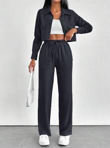 EURMUSE Áo hoodie vải cotton có khóa kéo chi tiết ngắn áo nỉ thường ngày cho nữ hai mảnh trang phục - màu đen - Xem 1