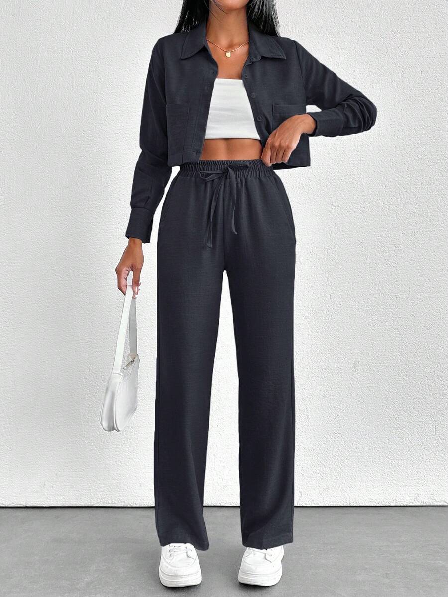 EURMUSE Áo hoodie vải cotton có khóa kéo chi tiết ngắn áo nỉ thường ngày cho nữ hai mảnh trang phục - màu đen - Xem 1